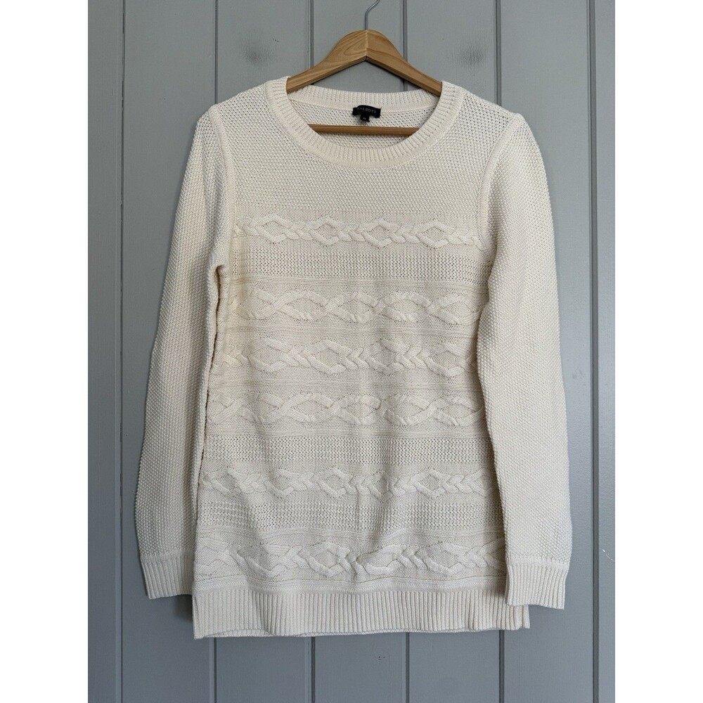 NWOT Talbots Fisherman Sweater M Medium Cable Knit Button Cuff Pullover Ivory